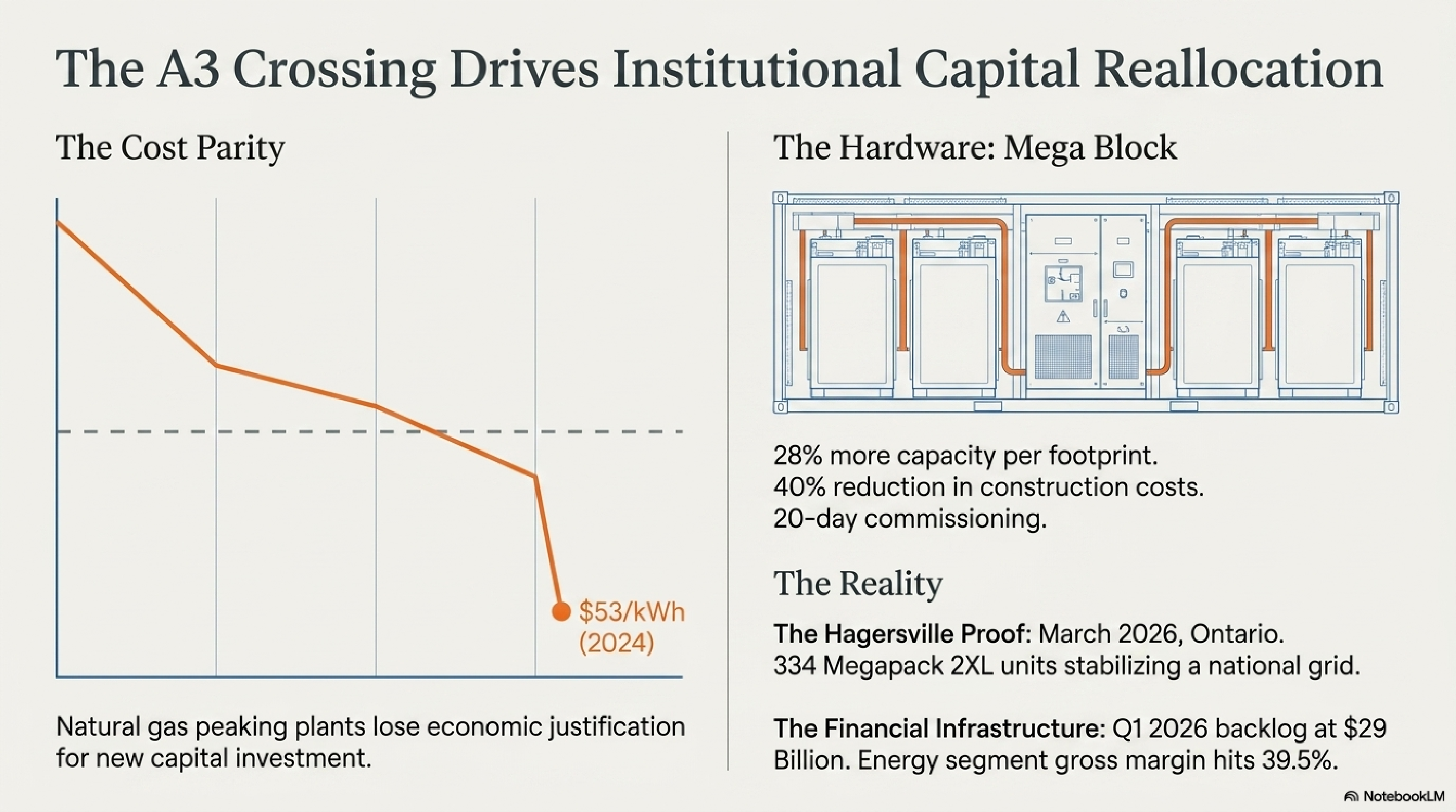 The A3 Crossing Drives Institutional Capital Reallocation — LFP cost descent to $53/kWh in 2024, Mega Block hardware: 28% more capacity, 40% cost reduction, 20-day commissioning. The Hagersville Proof: 334 Megapack 2XL units stabilizing a national grid.