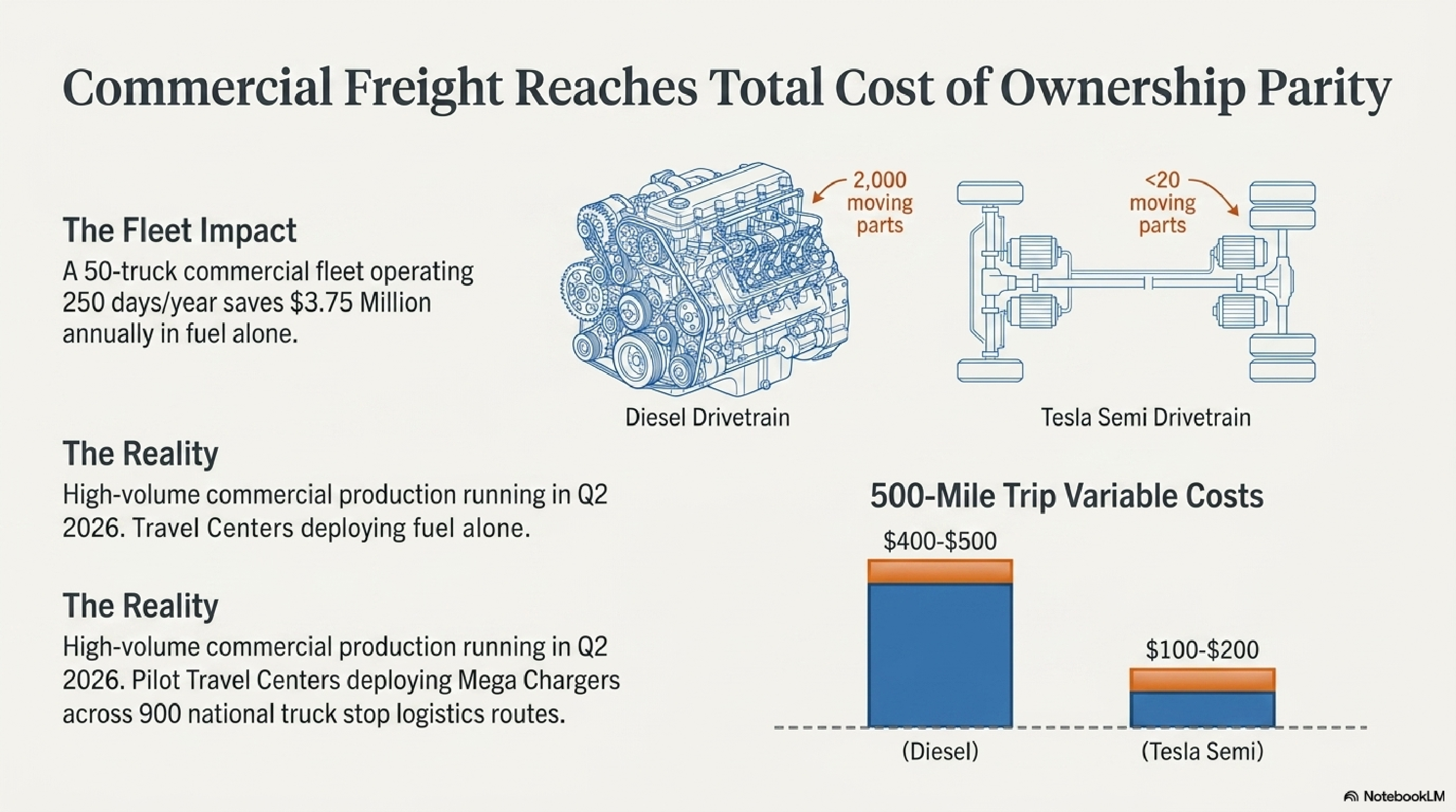 Commercial Freight Reaches Total Cost of Ownership Parity — Tesla Semi vs diesel drivetrain: under 20 moving parts vs 2,000. 500-Mile Trip Variable Costs: $400-500 diesel vs $100-200 Tesla Semi electricity.