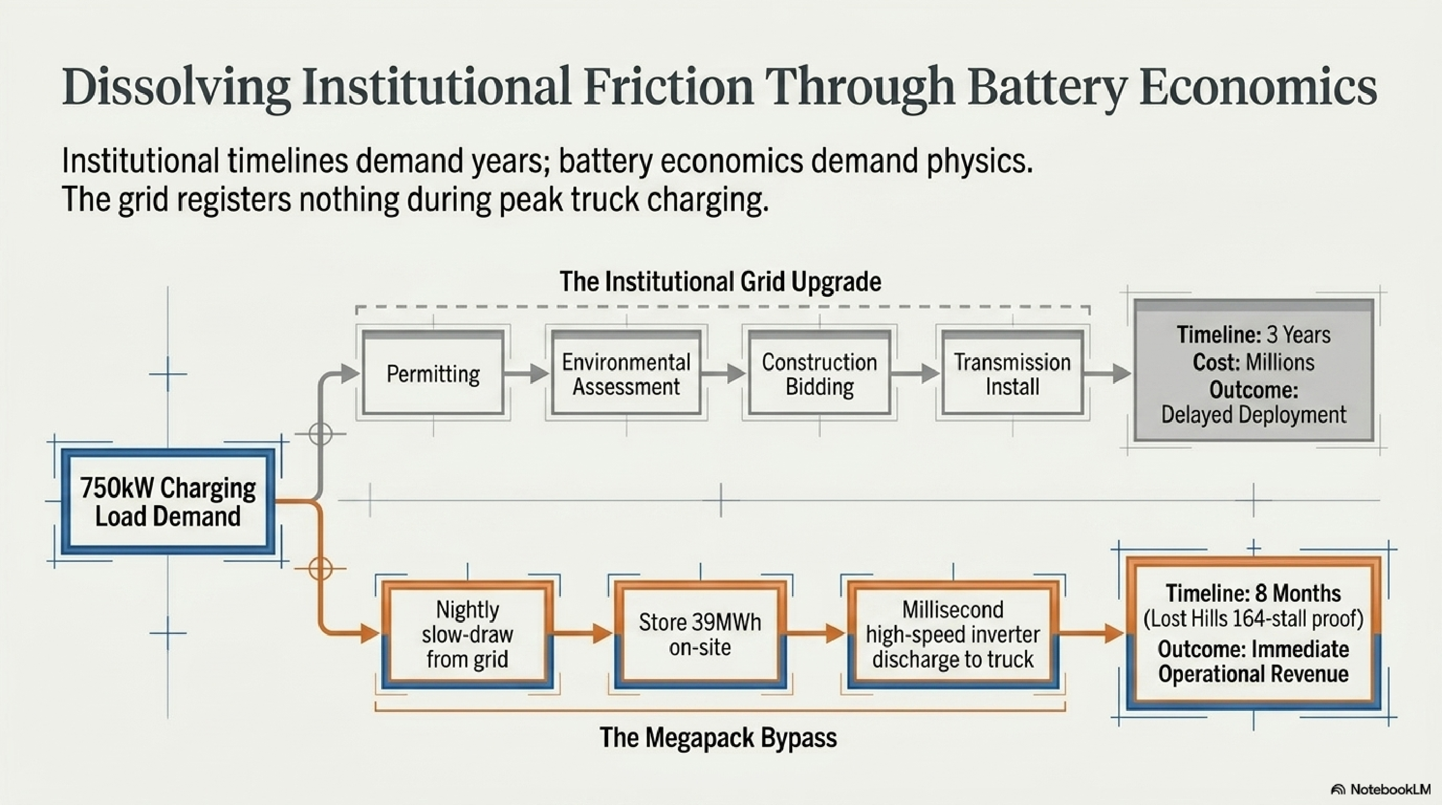 Dissolving Institutional Friction Through Battery Economics — the Institutional Grid Upgrade path takes 3 years and millions. The Megapack Bypass path takes 8 months (Lost Hills 164-stall proof) with immediate operational revenue.