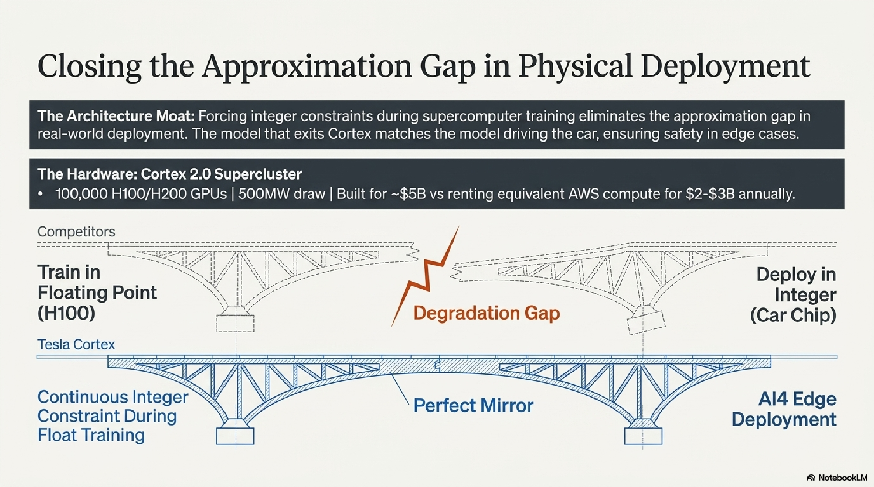 Closing the Approximation Gap in Physical Deployment — bridge diagram: competitors train in floating point then deploy in integer, creating a degradation gap. Tesla Cortex applies continuous integer constraints during float training, achieving a perfect mirror between training and AI4 edge deployment.
